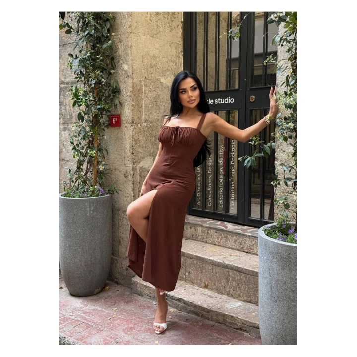 Askılı Uzun Drapeli Elbise