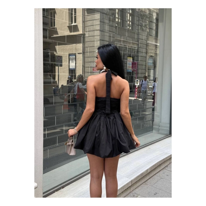 Boyundan Bağlamalı Kare Yaka Balon Astarlı Mini Siyah Elbise