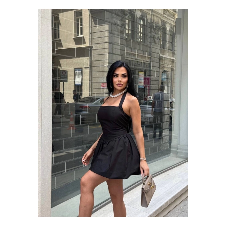 Boyundan Bağlamalı Kare Yaka Balon Astarlı Mini Siyah Elbise