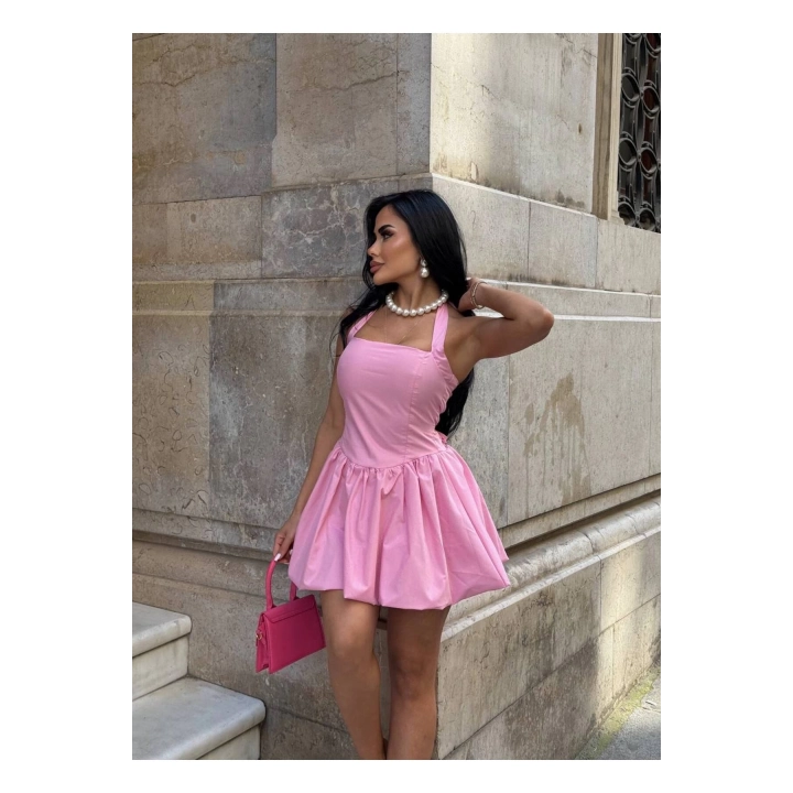 Boyundan Bağlamalı Kare Yaka Balon Astarlı Mini Pembe Elbise