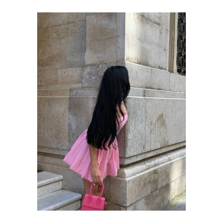 Boyundan Bağlamalı Kare Yaka Balon Astarlı Mini Pembe Elbise