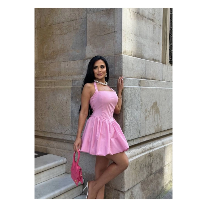 Boyundan Bağlamalı Kare Yaka Balon Astarlı Mini Pembe Elbise