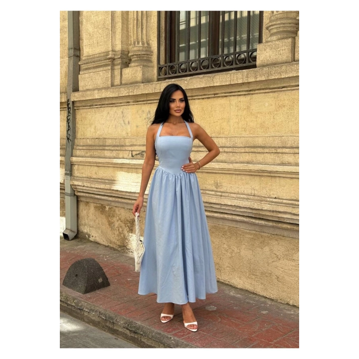 Askılı Kare Yaka Kloş Elbise