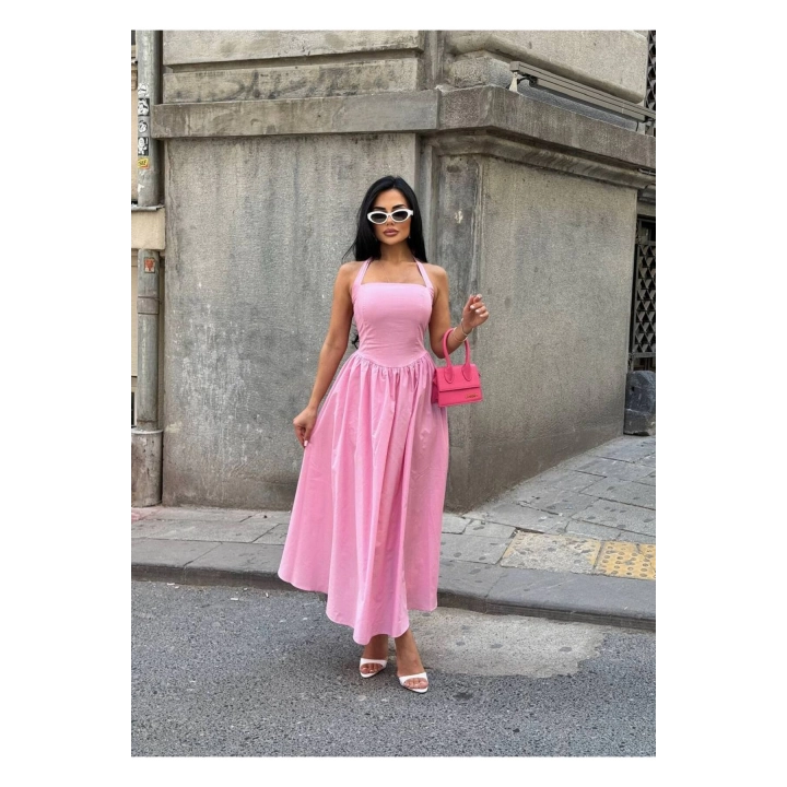 Askılı Kare Yaka Kloş Elbise