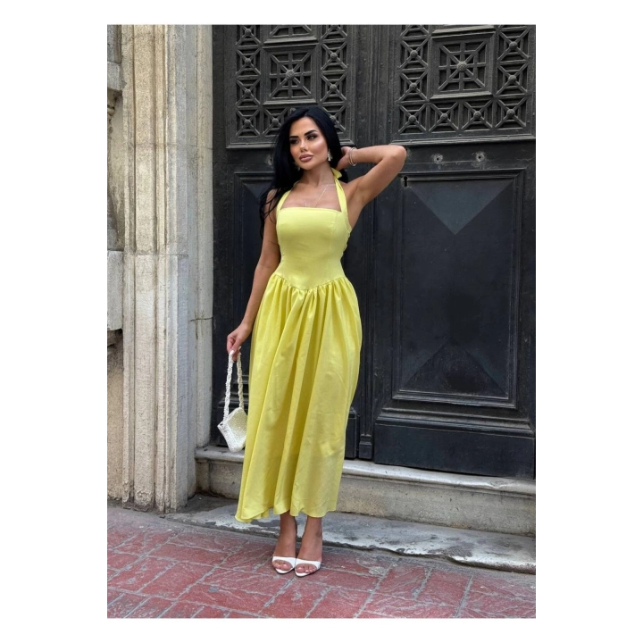 Askılı Kare Yaka Kloş Elbise