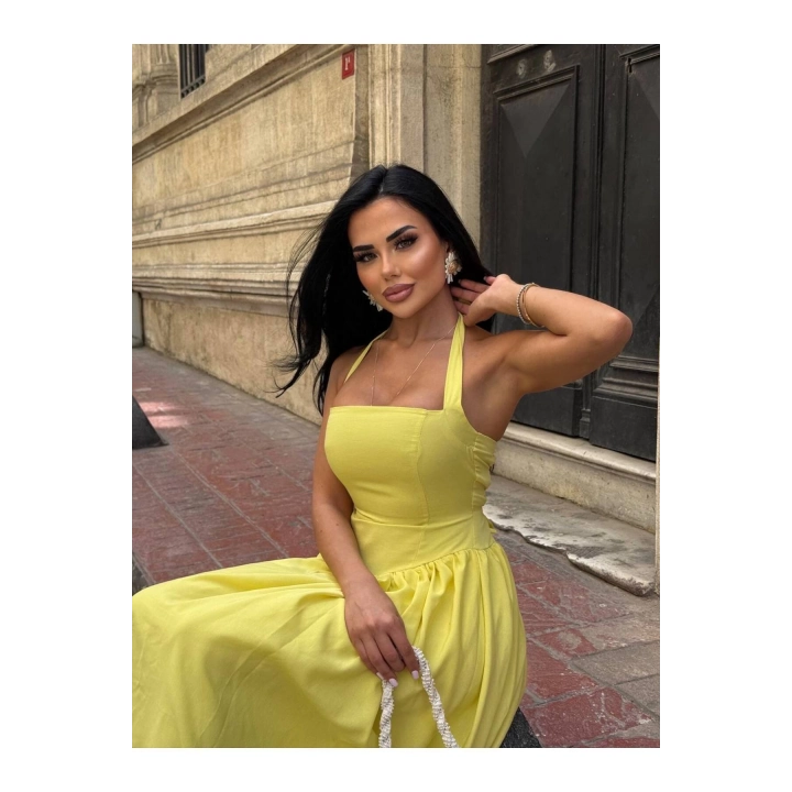 Askılı Kare Yaka Kloş Elbise