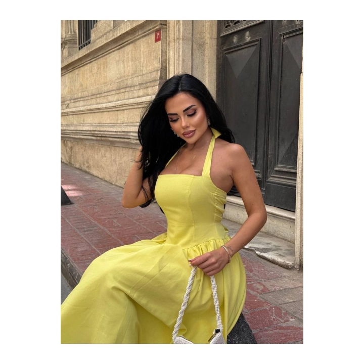 Askılı Kare Yaka Kloş Elbise