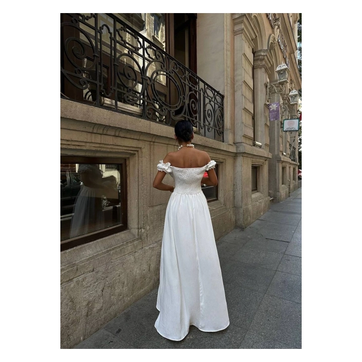 Kuşgözlü Maxi Boy Astarlı Gipeli Beyaz Elbise