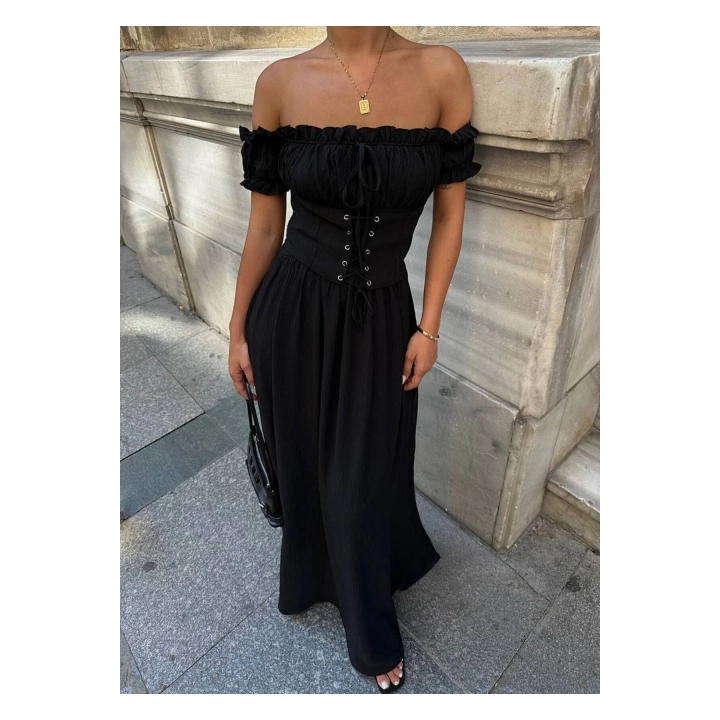 Kuşgözlü Maxi Boy Astarlı Gipeli Siyah Elbise