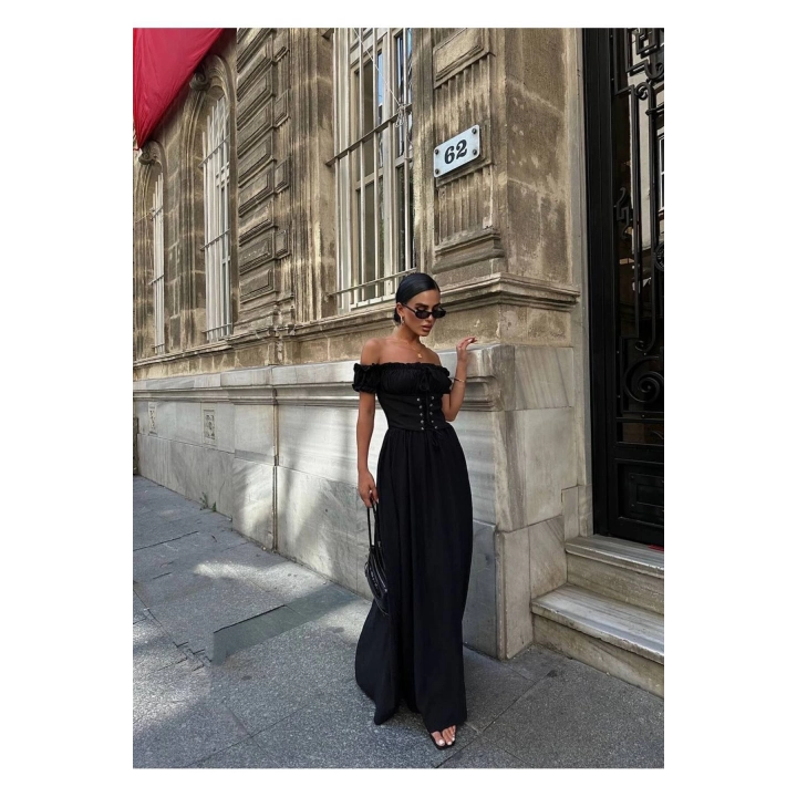 Kuşgözlü Maxi Boy Astarlı Gipeli Siyah Elbise