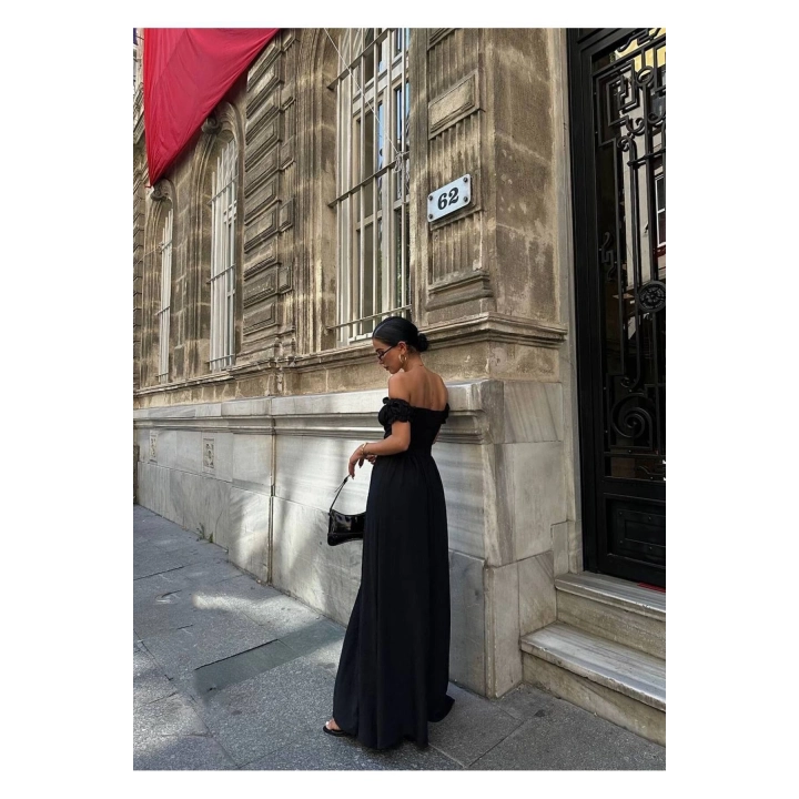 Kuşgözlü Maxi Boy Astarlı Gipeli Siyah Elbise