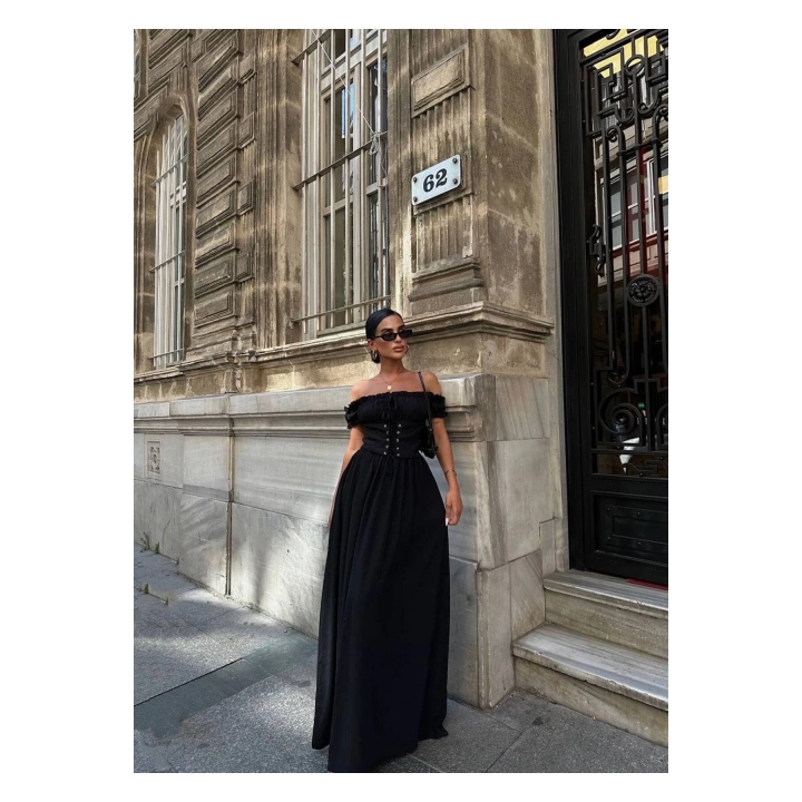 Kuşgözlü Maxi Boy Astarlı Gipeli Siyah Elbise