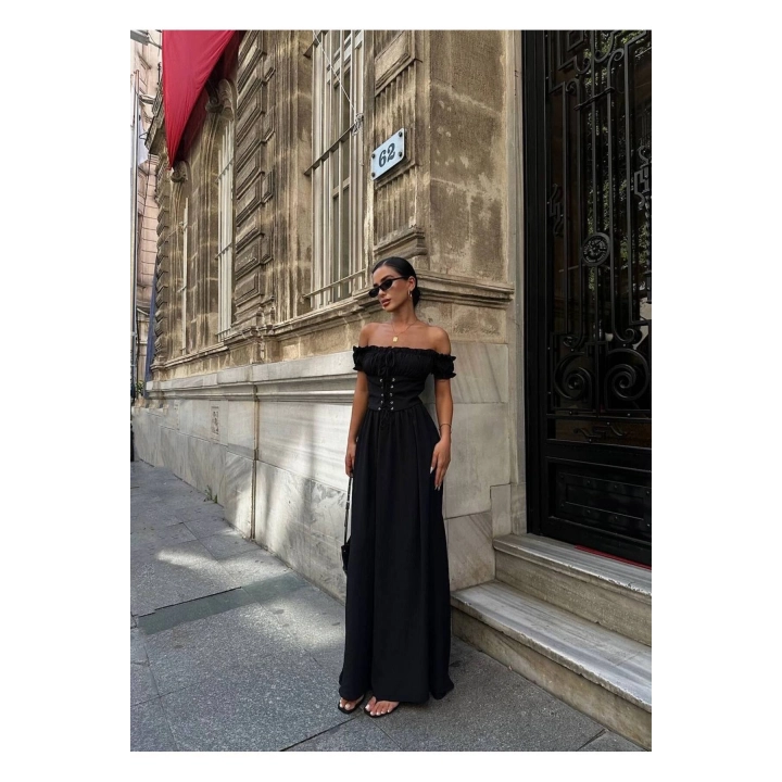 Kuşgözlü Maxi Boy Astarlı Gipeli Siyah Elbise