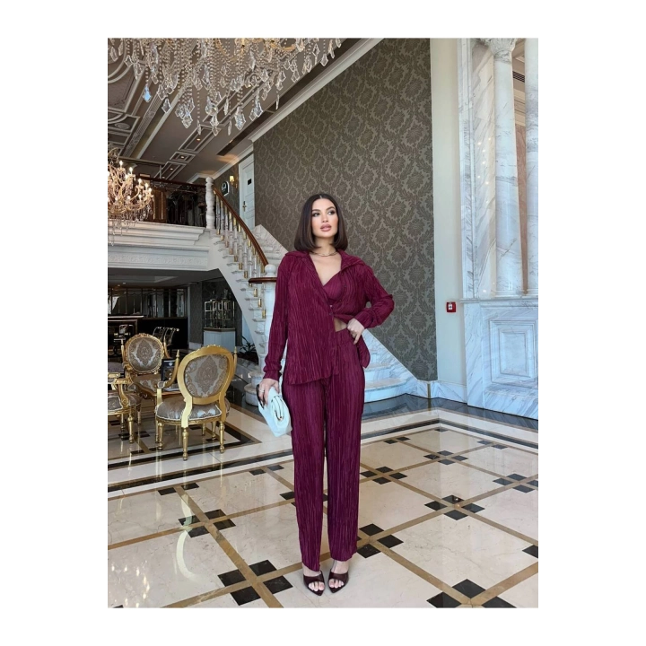 Piliseli Üçlü Bordo Takım Crop Gömlek Pantalon