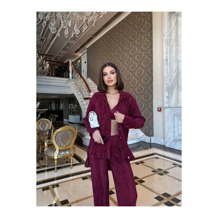Piliseli Üçlü Bordo Takım Crop Gömlek Pantalon