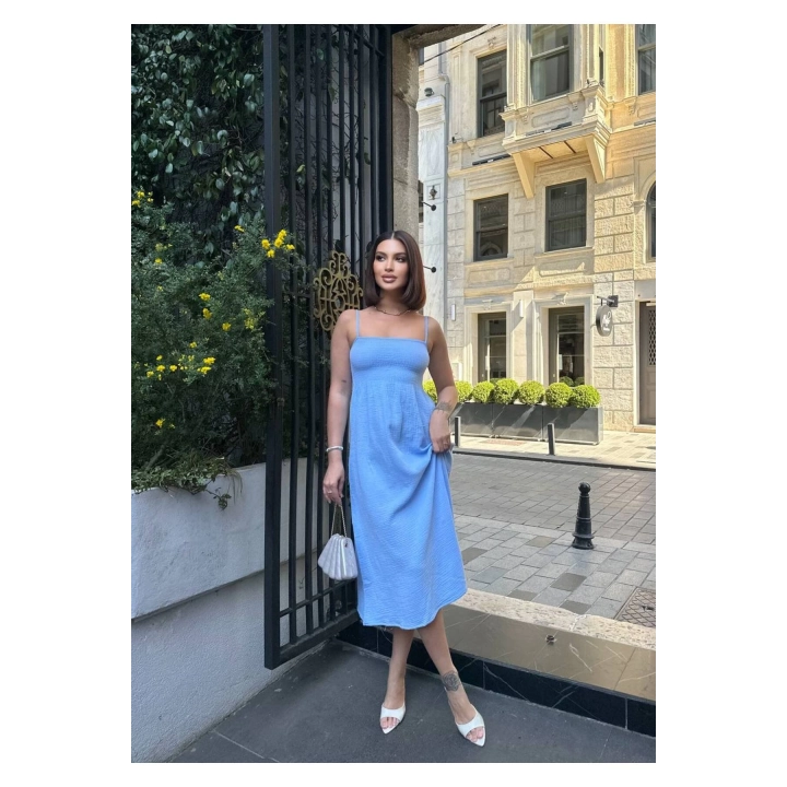 Kare Yaka Müslin Keten Askılı Uzun Plaj Mavi Elbise