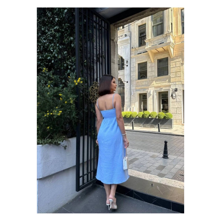 Kare Yaka Müslin Keten Askılı Uzun Plaj Mavi Elbise