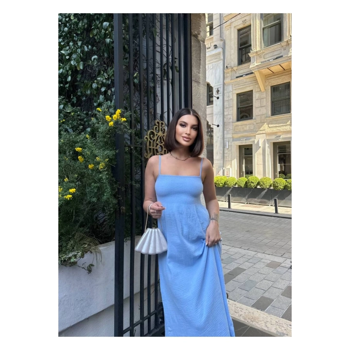 Kare Yaka Müslin Keten Askılı Uzun Plaj Mavi Elbise