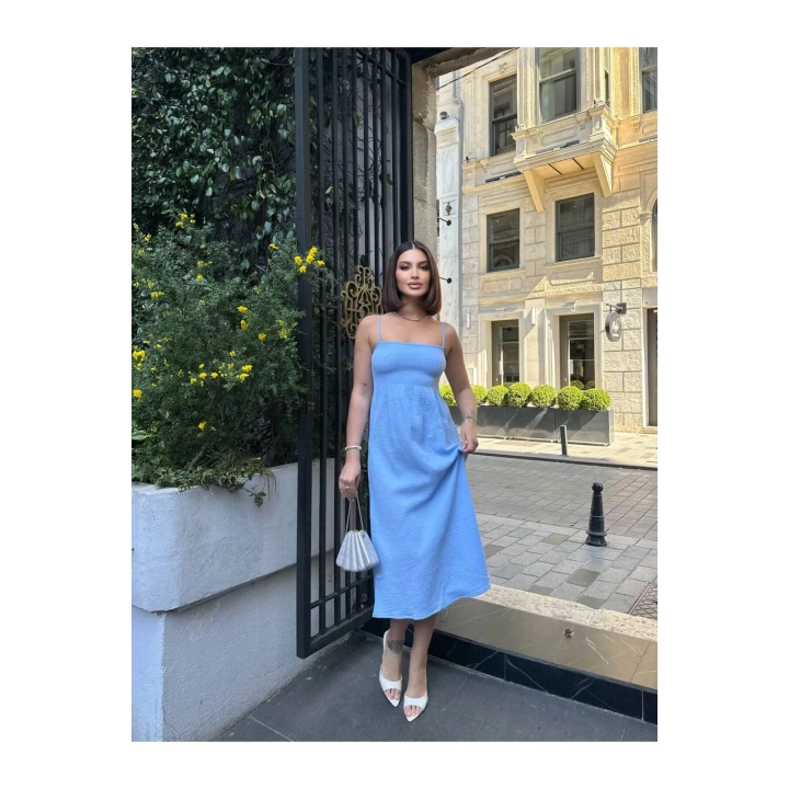 Kare Yaka Müslin Keten Askılı Uzun Plaj Mavi Elbise