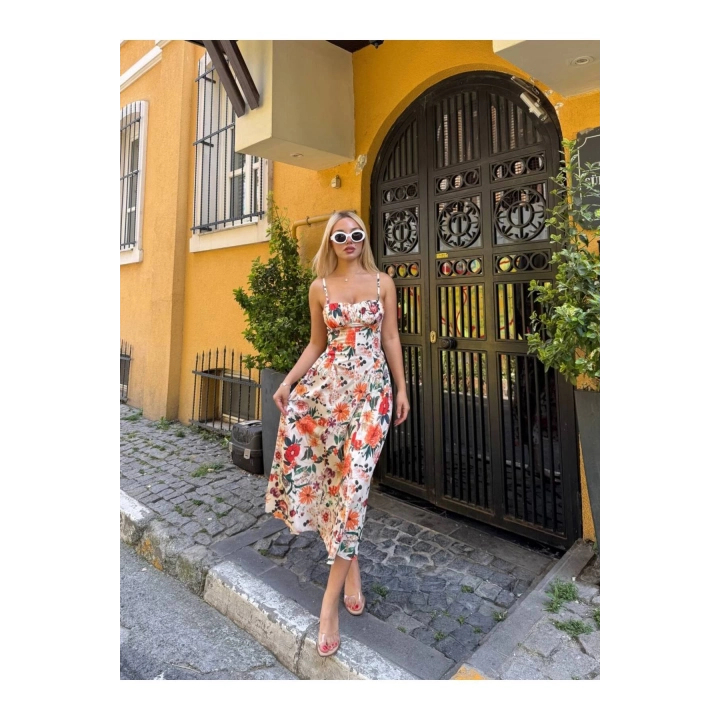 Çiçek Desenli Askılı Sırtı Gipeli Bağcıklı Fermuar Detaylı Elbise