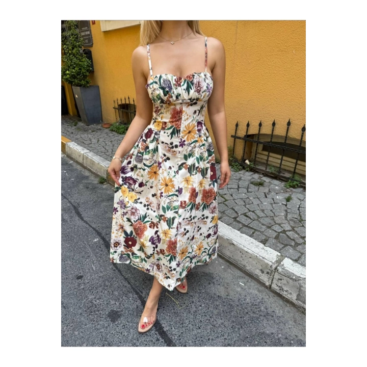 Çiçek Desenli Askılı Sırtı Gipeli Bağcıklı Fermuar Detaylı Elbise