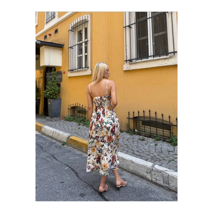 Çiçek Desenli Askılı Sırtı Gipeli Bağcıklı Fermuar Detaylı Elbise