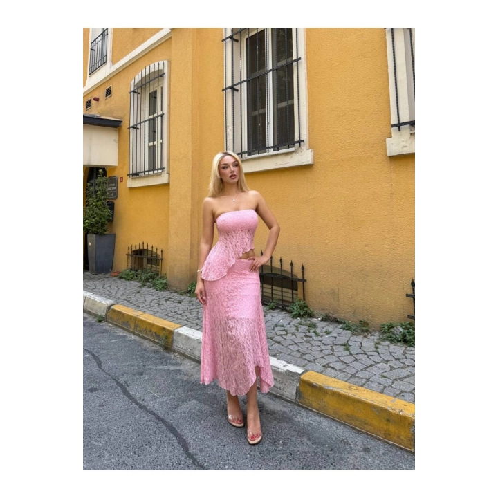 Asimetrik Astarlı Dantel Pembe Etekli Takım