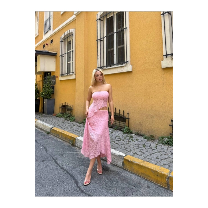 Asimetrik Astarlı Dantel Pembe Etekli Takım