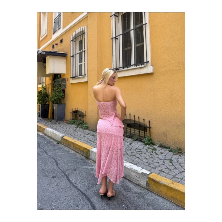 Asimetrik Astarlı Dantel Pembe Etekli Takım