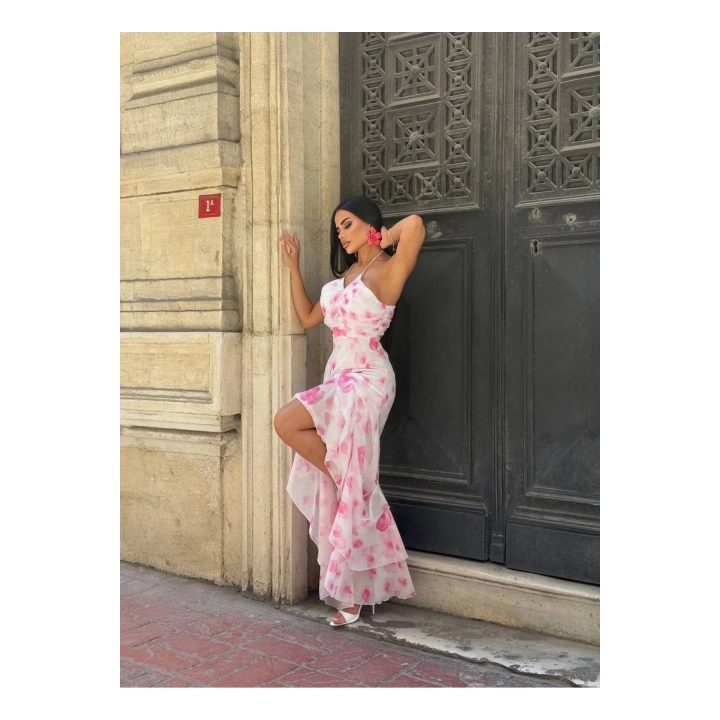 Şifon Çiçek Desenli Premium Pembe Fırfırlı Elbise