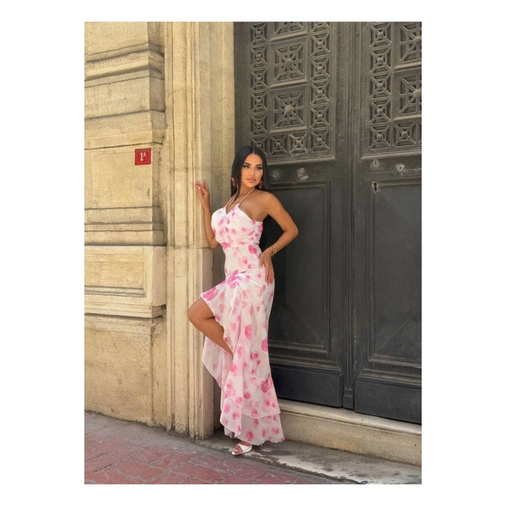 Şifon Çiçek Desenli Premium Pembe Fırfırlı Elbise