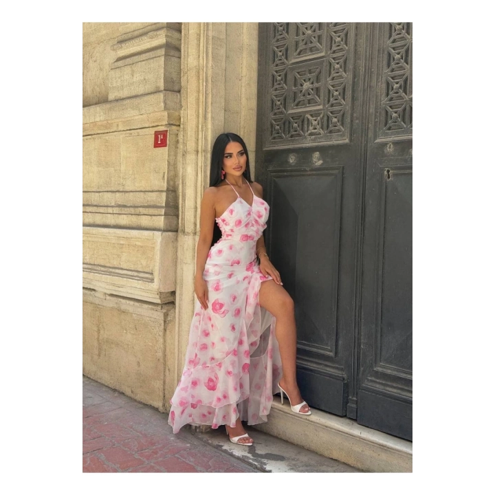 Şifon Çiçek Desenli Premium Pembe Fırfırlı Elbise