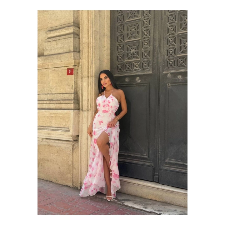 Şifon Çiçek Desenli Premium Pembe Fırfırlı Elbise