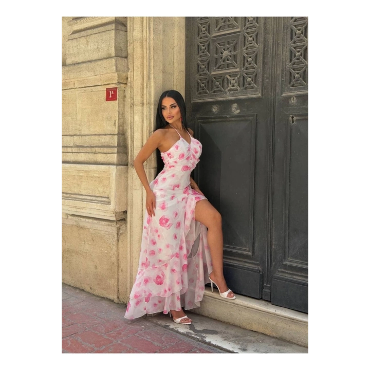 Şifon Çiçek Desenli Premium Pembe Fırfırlı Elbise