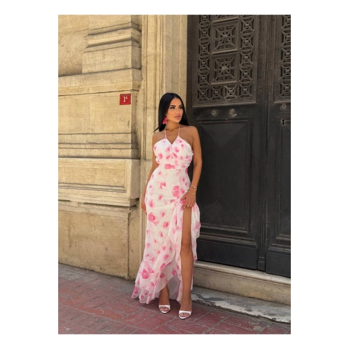 Şifon Çiçek Desenli Premium Pembe Fırfırlı Elbise