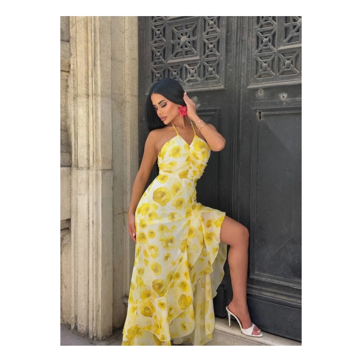 Şifon Çiçek Desenli Sarı Premium Fırfırlı Elbise