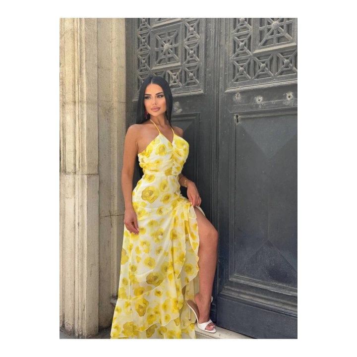 Şifon Çiçek Desenli Sarı Premium Fırfırlı Elbise