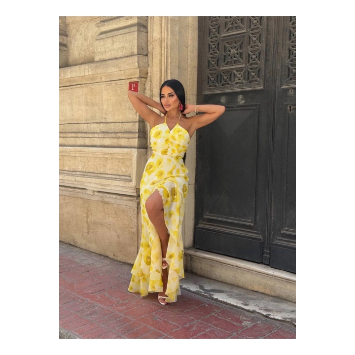 Şifon Çiçek Desenli Sarı Premium Fırfırlı Elbise