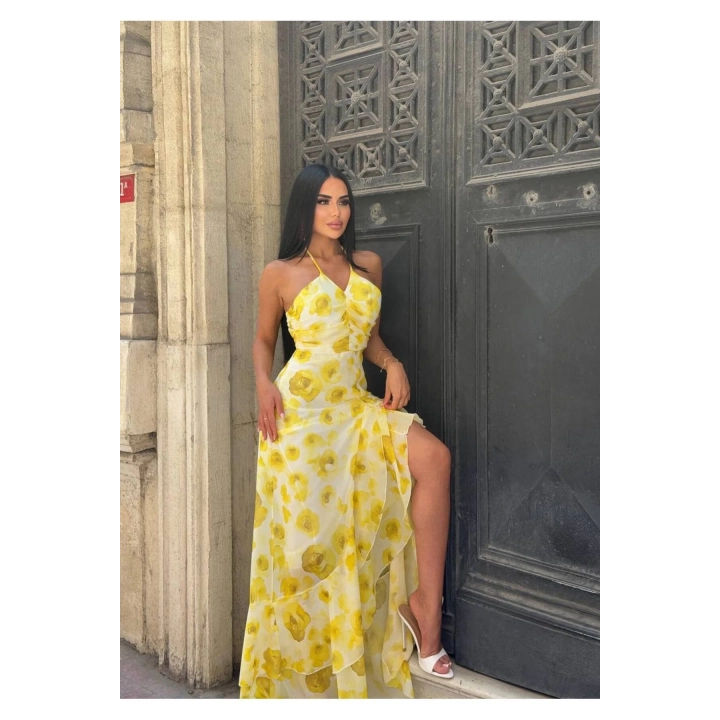 Şifon Çiçek Desenli Sarı Premium Fırfırlı Elbise