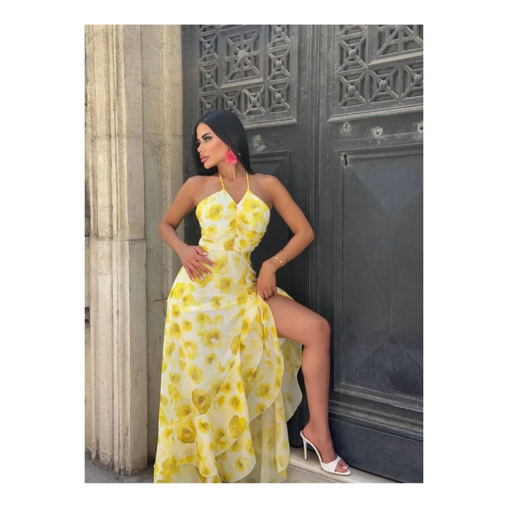 Şifon Çiçek Desenli Sarı Premium Fırfırlı Elbise