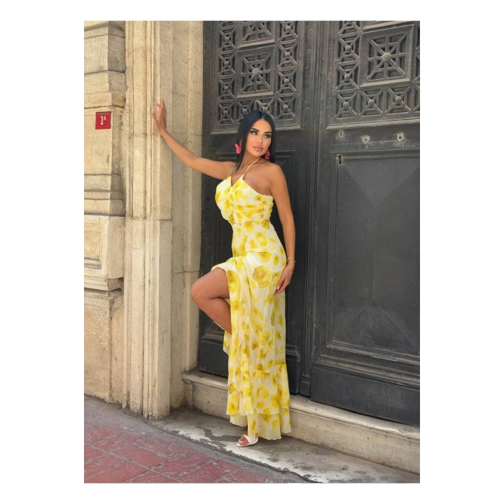 Şifon Çiçek Desenli Sarı Premium Fırfırlı Elbise