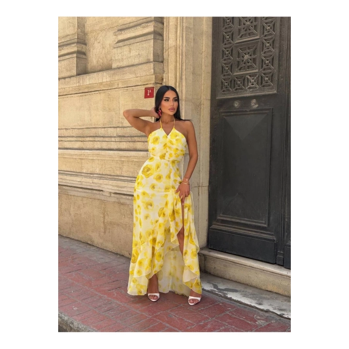 Şifon Çiçek Desenli Sarı Premium Fırfırlı Elbise