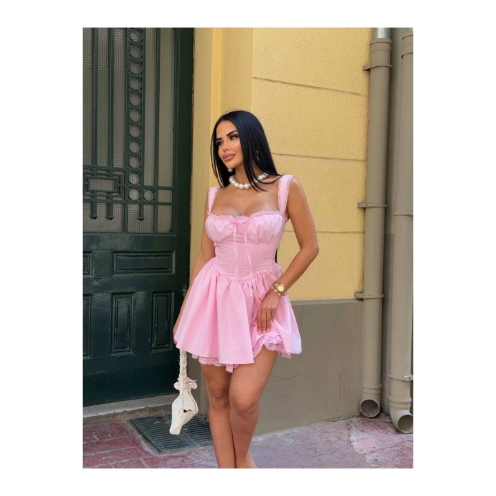 Korse Görünümlü Dantel Detaylı Pembe Astarlı Askılı Mini Elbise