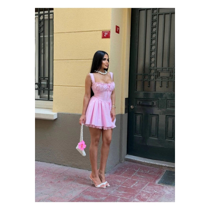 Korse Görünümlü Dantel Detaylı Pembe Astarlı Askılı Mini Elbise