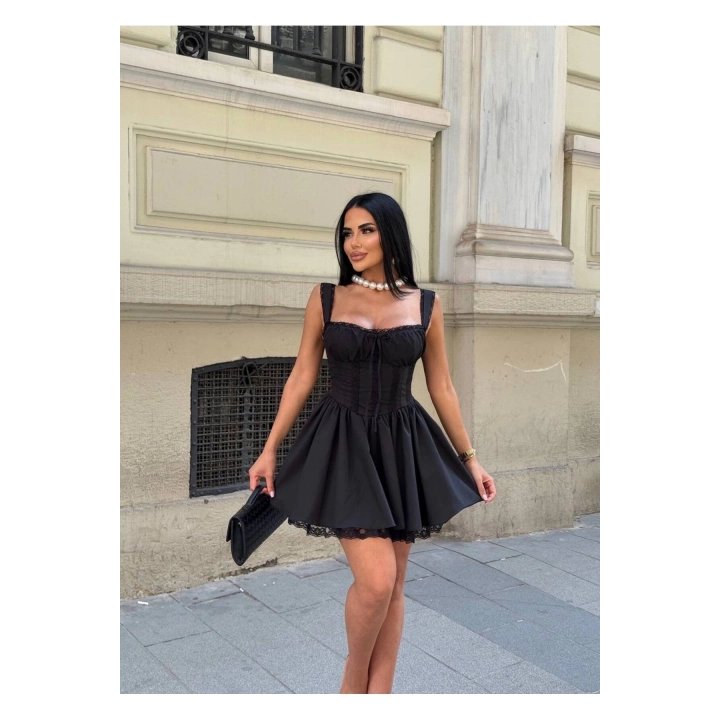 Korse Görünümlü Dantel Detaylı Siyah Astarlı Askılı Mini Elbise