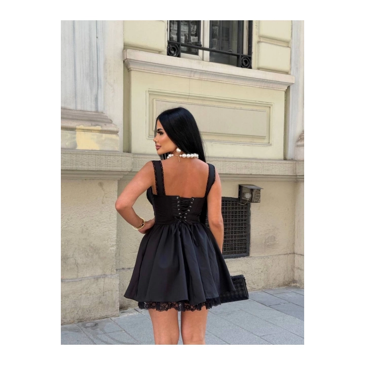 Korse Görünümlü Dantel Detaylı Siyah Astarlı Askılı Mini Elbise