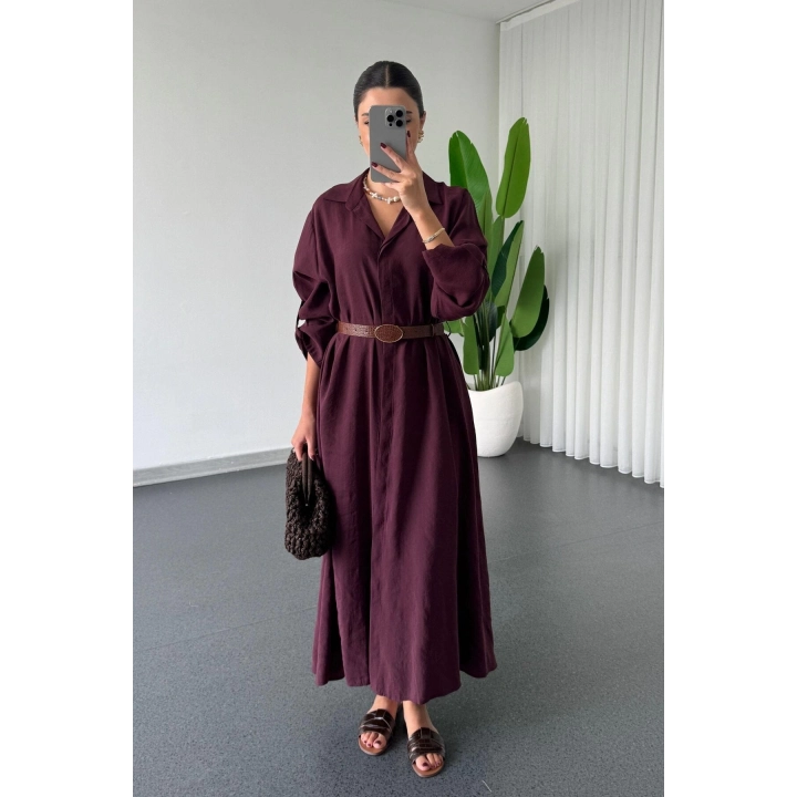 Kadın Premium Mürdüm Modal Kumaş Kemerli Düğmeli Uzun Kollu Salaş Midi Boy Gömlek Yaka Elbise