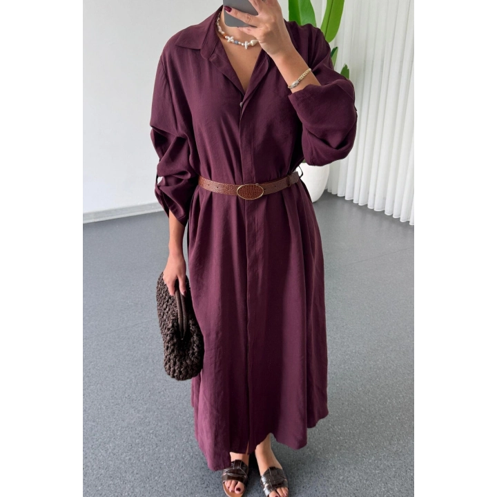 Kadın Premium Mürdüm Modal Kumaş Kemerli Düğmeli Uzun Kollu Salaş Midi Boy Gömlek Yaka Elbise