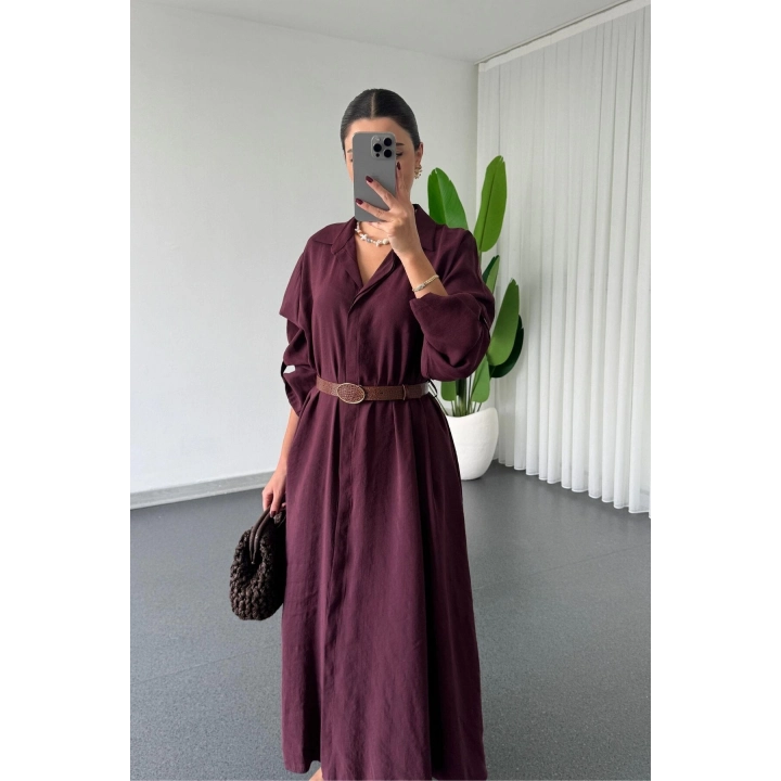 Kadın Premium Mürdüm Modal Kumaş Kemerli Düğmeli Uzun Kollu Salaş Midi Boy Gömlek Yaka Elbise