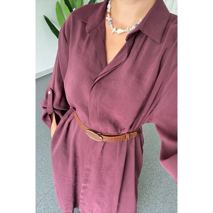 Kadın Premium Mürdüm Modal Kumaş Kemerli Düğmeli Uzun Kollu Salaş Midi Boy Gömlek Yaka Elbise